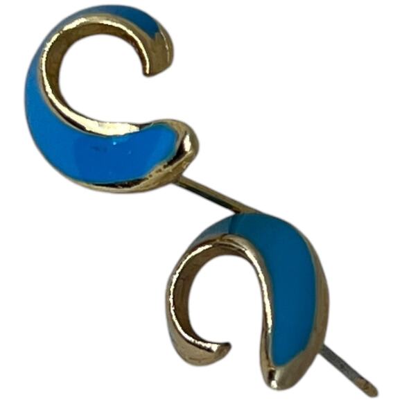 Wave Design Gold & Turquoise Enamel Huggie Earrings, Vintage Statement Hoops - Picture 8 of 8